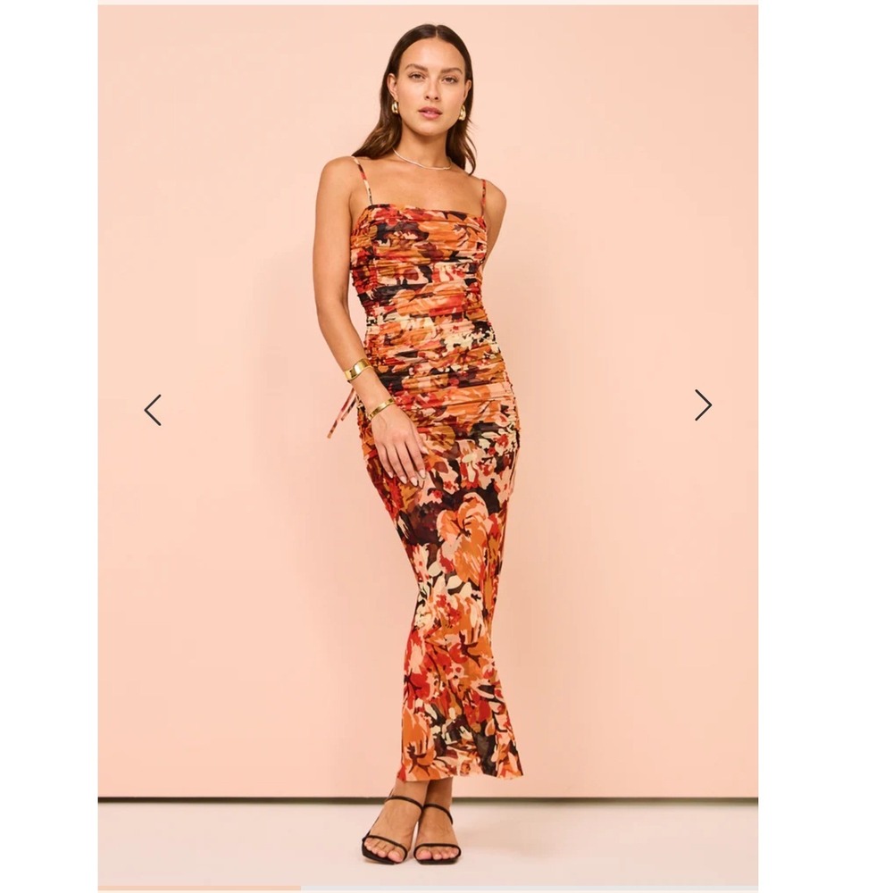 Shona Joy Rubi Ruched Mesh Maxi Dress Floral Orange Brown 1242280 Womens Size S
